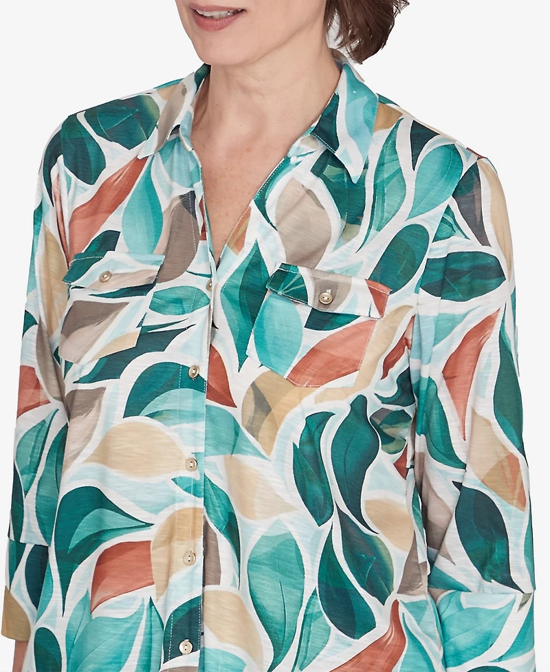 Alfred Dunner Women's Emerald Isle Abstract Leaf Top with Bell Sleeves