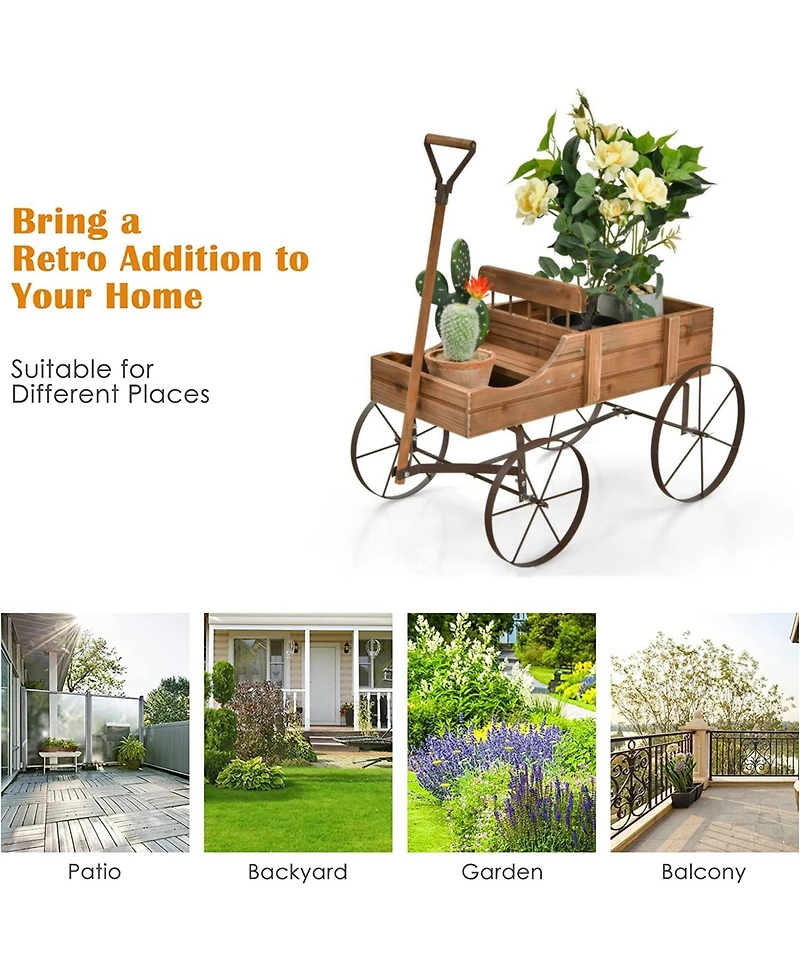 Sugift Wooden Wagon Plant Bed with Metal Wheels for Garden Yard Patio