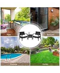 Gymax 3PCS Rattan Patio Conversation Set Outdoor Furniture Set w/ Storage Table
