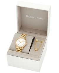 Michael Kors Women's Lauryn Three-Hand Gold-Tone Stainless Steel Watch, Earrings and Necklace Gift Set 33mm