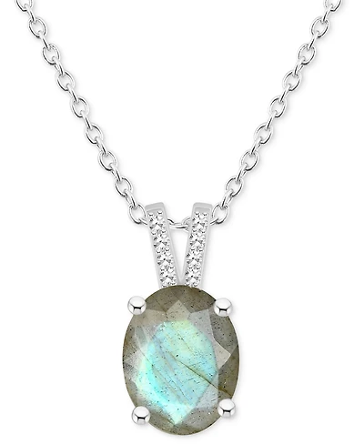 Labradorite & Diamond Accent Oval 18" Pendant Necklace Sterling Silver (Also Onyx)