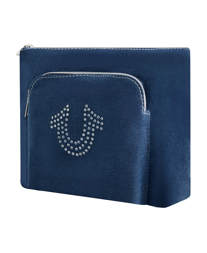 True Religion Trapazoid zip cosmetic bag with exterior zip pocket