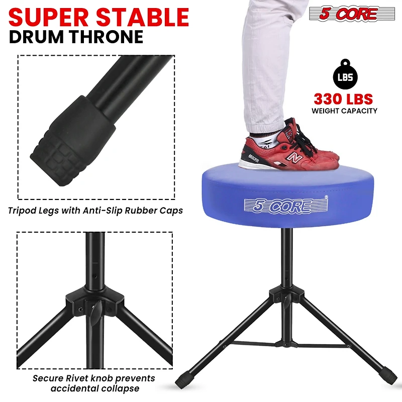 5 Core Drum Throne 3" Thick Padded Comfortable Guitar Stool Drummer Chair Adjustable Musician Seat