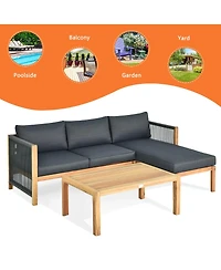 Sugift 3 Pieces Patio Acacia Wood Sofa Furniture Set with Nylon Rope Armrest