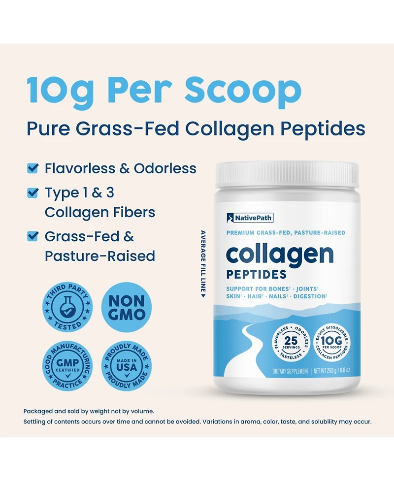 NativePath Collagen Peptides - Hydrolyzed Type 1 & 3 Collagen Powder for Skin, Hair, Nails - 8.8 oz (25 Servings)