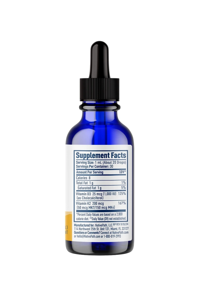 NativePath D3K2 Tincture - 2000IU Vitamin D3 and Vitamin K2 Supplement with Organic Mct Oil - 1 Fluid Ounce