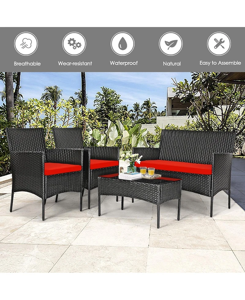 Sugift 4 Pieces Patio Rattan Cushioned Sofa Set with Tempered Glass Coffee Table-Red