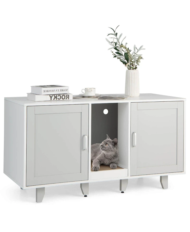 2-Door Cat Litter Box Enclosure with Winding Entry and Scratching Board