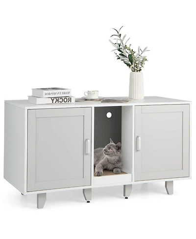 2-Door Cat Litter Box Enclosure with Winding Entry and Scratching Board