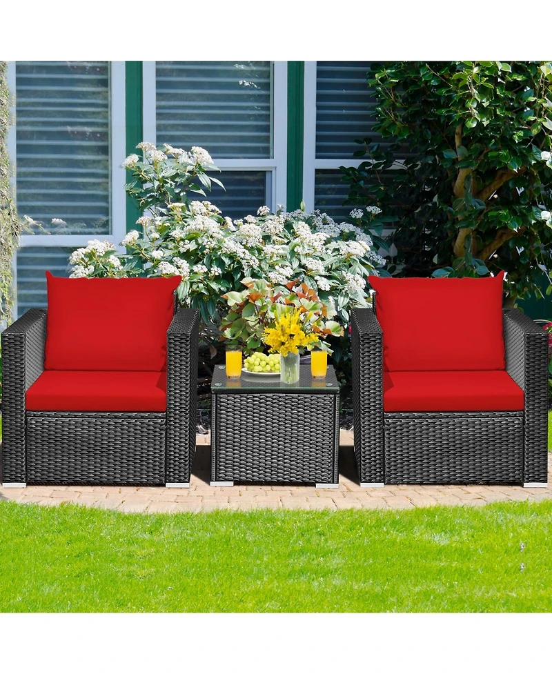 Sugift 3 Pieces Patio Wicker Conversation Set with Cushion-Red