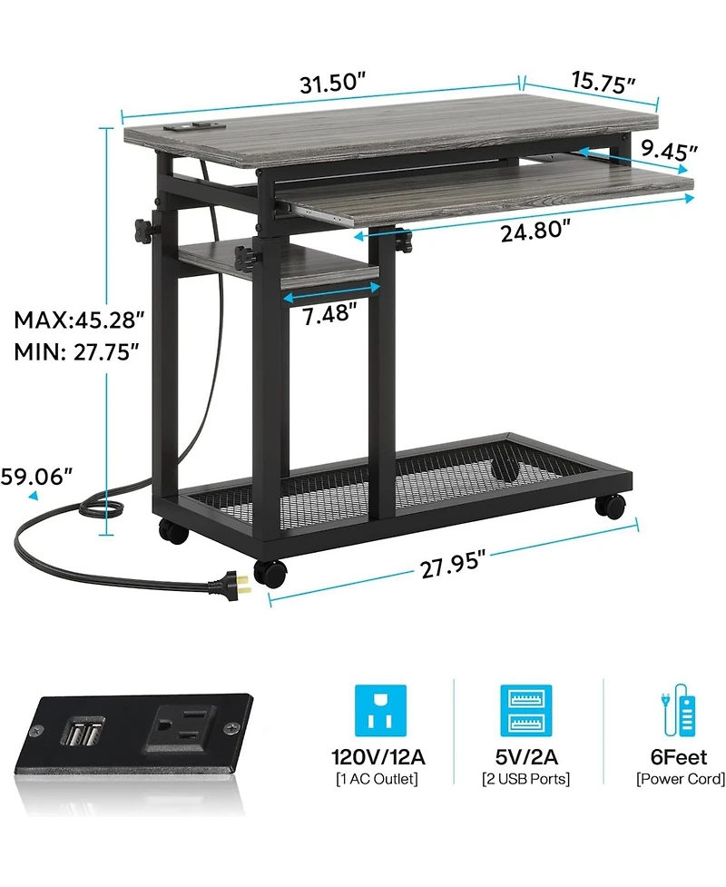 Tribesigns Small Portable Desk with Power Outlet, Height Adjustable Sofa Couch Bedside Laptop Table Wheels, Mobile Standing Rolling Computer