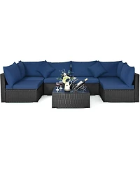 Sugift 7 Pieces Sectional Wicker Furniture Sofa Set with Tempered Glass Top-Navy