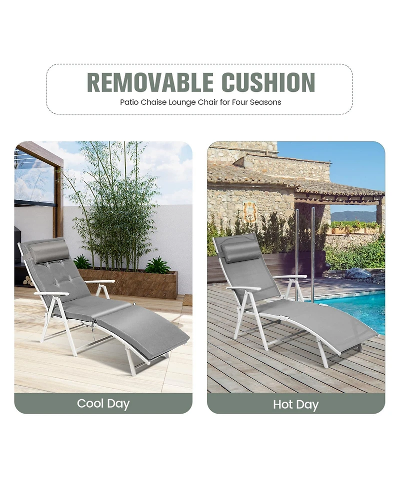 Inolait Adjustable Outdoor Lightweight Folding Chaise Lounge Chair with Pillow-Grey