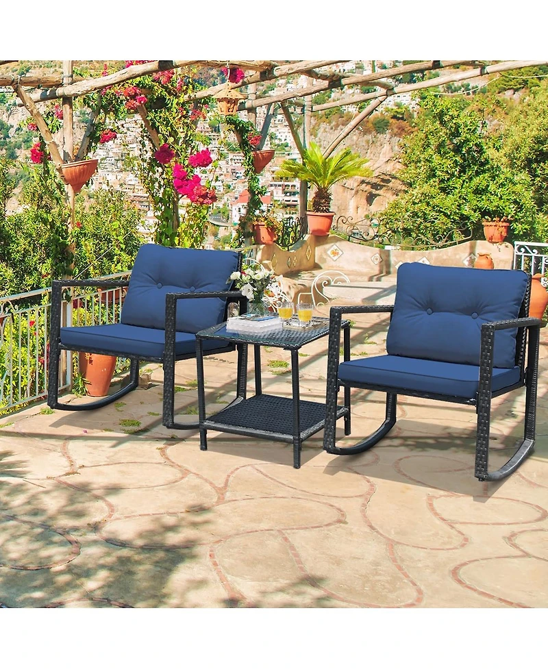 Sugift 3 Pieces Cushioned Patio Rattan Set with Rocking Chair and Table