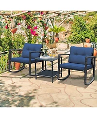 Sugift 3 Pieces Cushioned Patio Rattan Set with Rocking Chair and Table