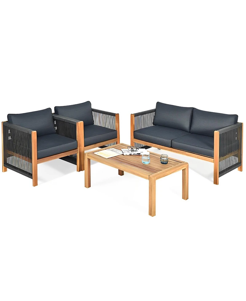 Sugift 4 Pieces Acacia Wood Sofa Set with Cushions for Outdoor Patio-Grey