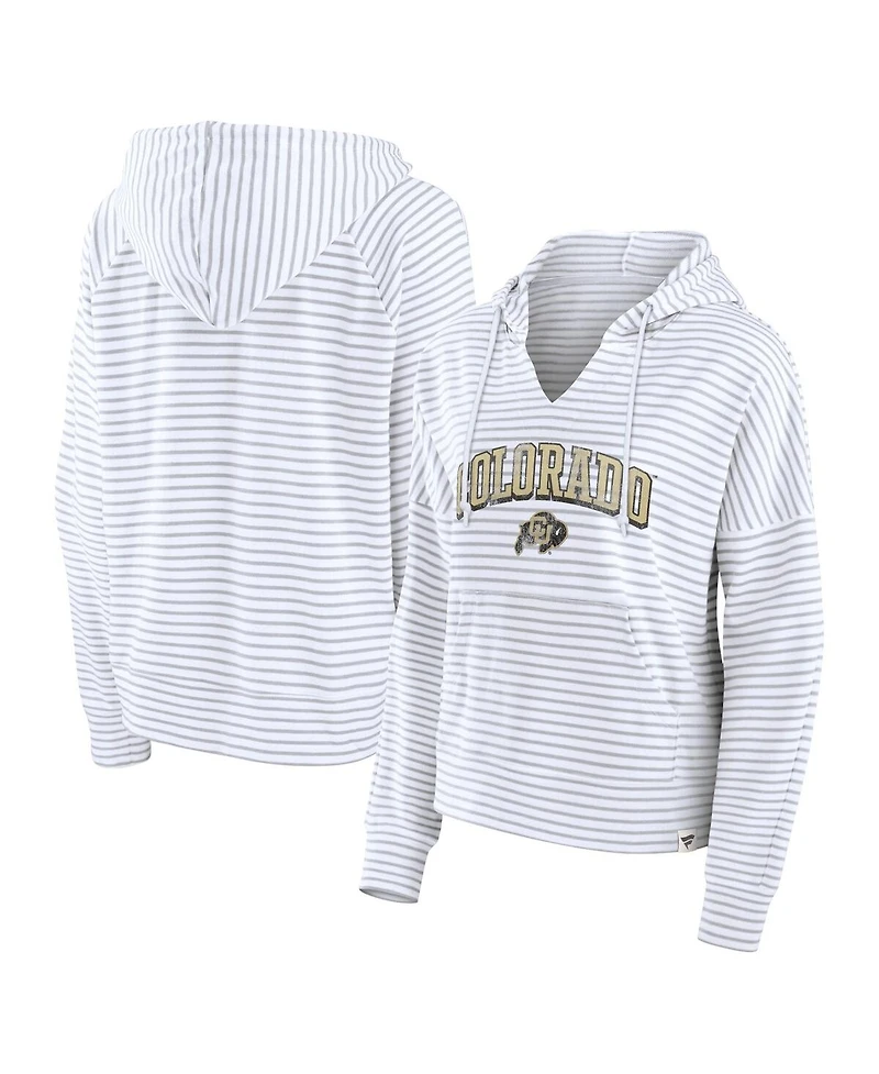 Fanatics Women's White/Gray Colorado Buffaloes Arch Logo Striped Notch Neck Pullover Hoodie