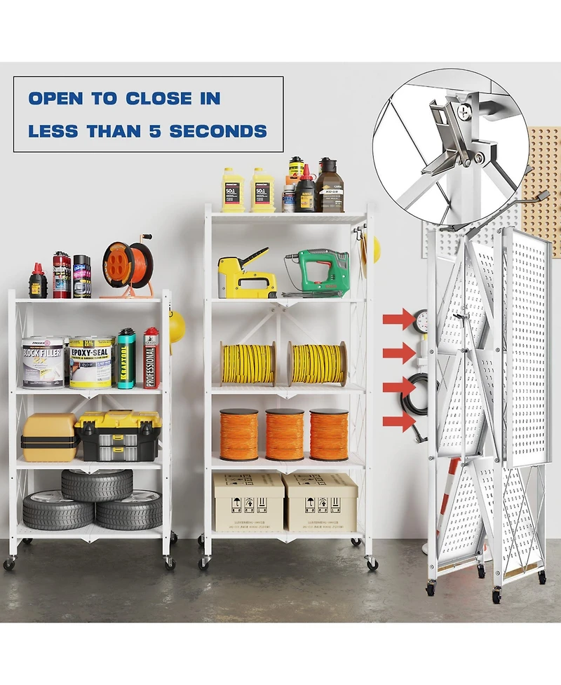 Sugift 5-Tier Folding Storage Shelves Metal Folding Shelves with Wheels, 750Lbs Capacity, White