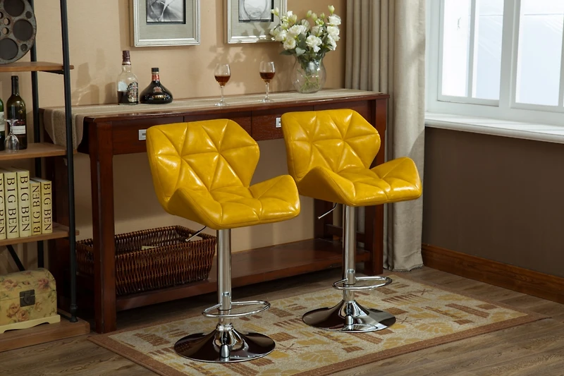 Simplie Fun Contemporary Tufted Adjustable Height Hidraulic Bar Stools, Set of 2, Yellow