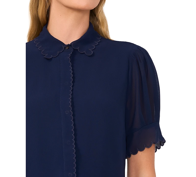 CeCe Women's Scalloped Puff-Sleeve Button-Front Top