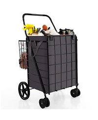 Slickblue Folding Rolling Shopping Cart with Waterproof Liner and Basket-Black