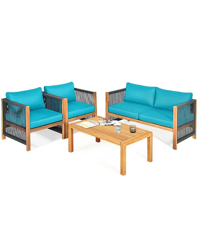 Sugift 4 Pieces Acacia Wood Sofa Set with Cushions for Outdoor Patio-Blue