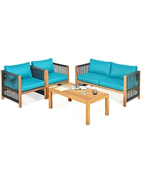 Sugift 4 Pieces Acacia Wood Sofa Set with Cushions for Outdoor Patio-Blue