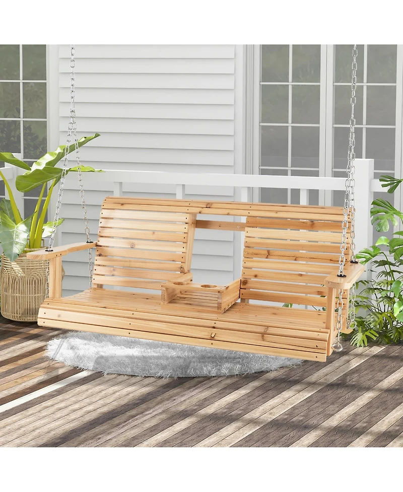 Costway 2-seat Wood Swing Bench with Folding Cup Holder and Sturdy Metal Hanging Chains
