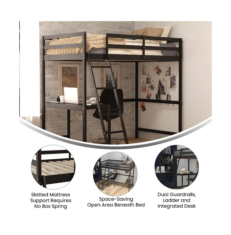 Emma+Oliver Ridley Twin Wood Loft Bed Frame With Protective Guardrails And Integrated Desk Ladder For Use Any 6-8" Thick Mattress