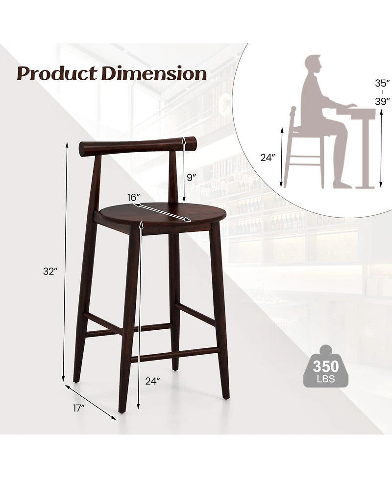 Set of 2 Counter Height Bar Chairs with Acacia Wood Frame and Footrest Support