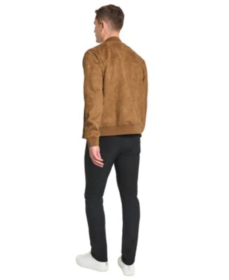 Kenneth Cole Mens Faux Suede Snap Front Bomber Jacket Performance Crewneck T Shirt Slim Tapered Tech Pants