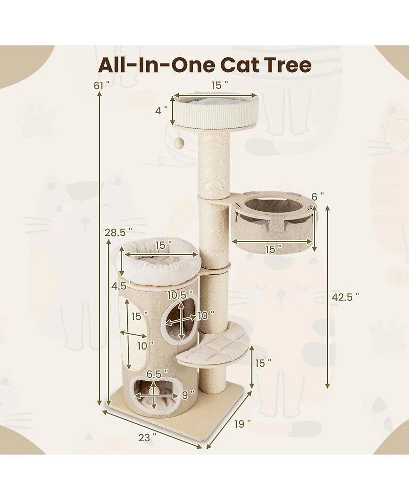 Slickblue 61 Inches Cat Tree for Indoor Cats with 2-stoery Condo and Top Perch-Natural