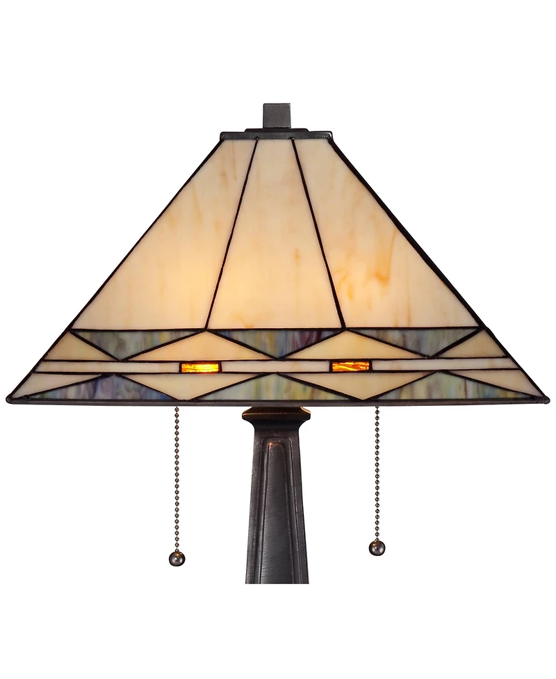 Art Deco Tiffany Style Accent Table Lamp 21.5" High Mission Bronze Brown Antique Cream Amber Stained Glass Shade Decor for Living Room Bedroom Ho