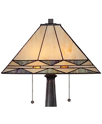 Art Deco Tiffany Style Accent Table Lamp 21.5" High Mission Bronze Brown Antique Cream Amber Stained Glass Shade Decor for Living Room Bedroom Ho
