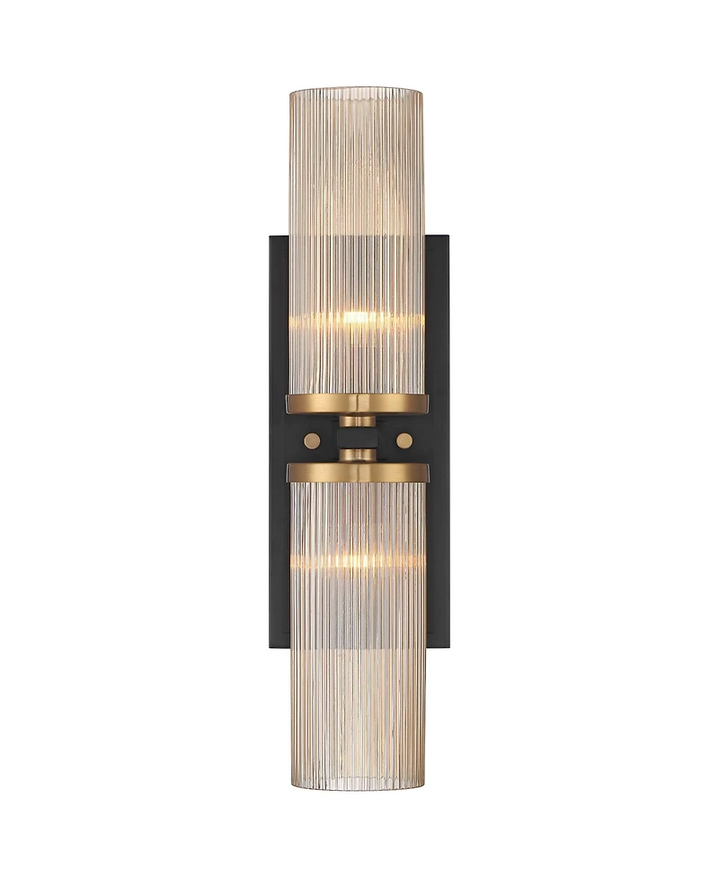 Palais Modern Wall Light Sconce Black Warm Brass Hardwired 4 1/4" 2-Light Fixture Ribbed Champagne Glass Shade for Bedroom Bathroom Vanity Readin