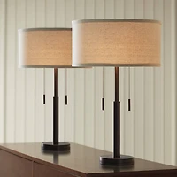 Franklin Iron Works Bernie Industrial Table Lamps 25" High Set of 2 Rich Bronze with Usb Charging Port Tan Drum Shade for Bedroom Living Room Bed