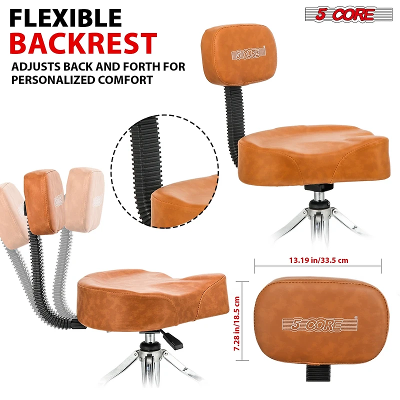 5 Core Drum Throne with Backrest Thick Padded Adjustable Guitar Stool Motorcycle Style Saddle Music Chair Seat for Adult Drummers