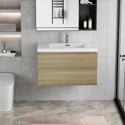 Simplie Fun Floating Bathroom Vanity with Resin Sink | Natural Oak Finish | 2 Drawers