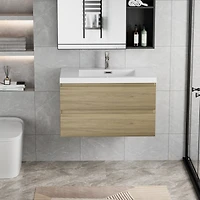 Simplie Fun Floating Bathroom Vanity with Resin Sink | Natural Oak Finish | 2 Drawers