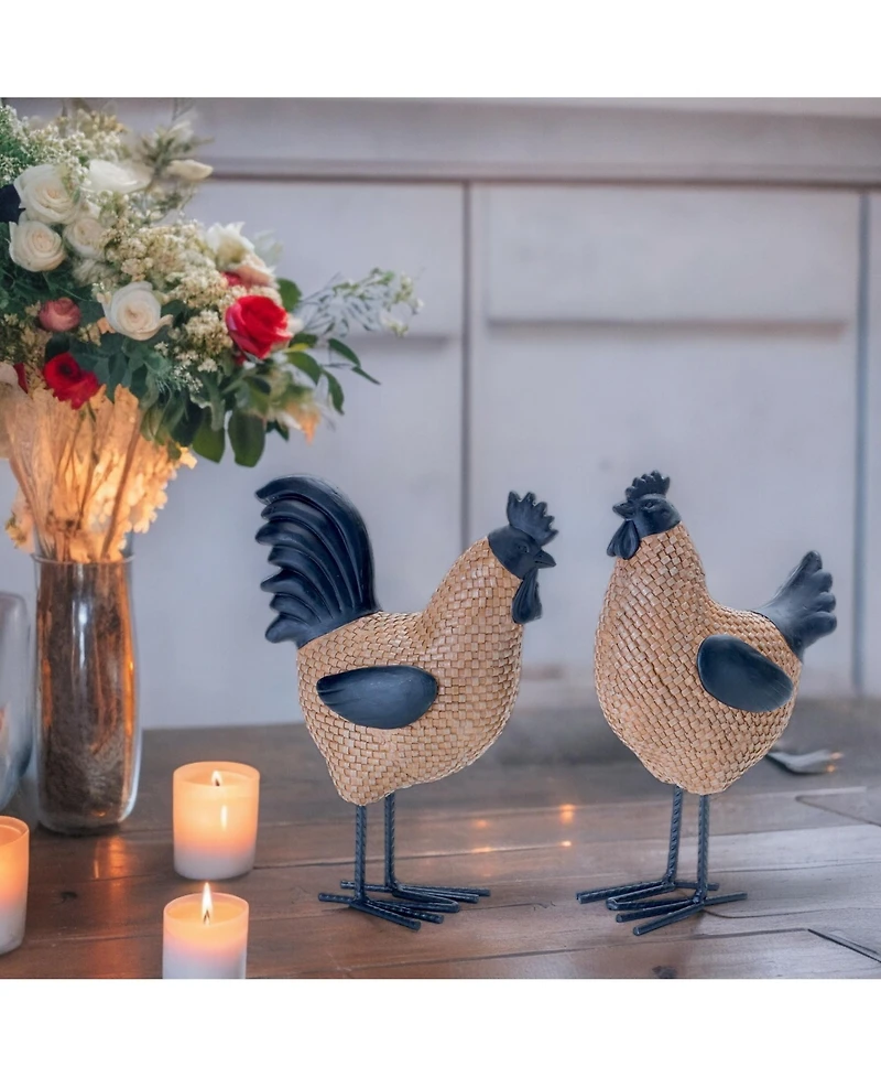 Slickblue Wicker Hen and Rooster Decor - Set of 2 Farmhouse Style Statues