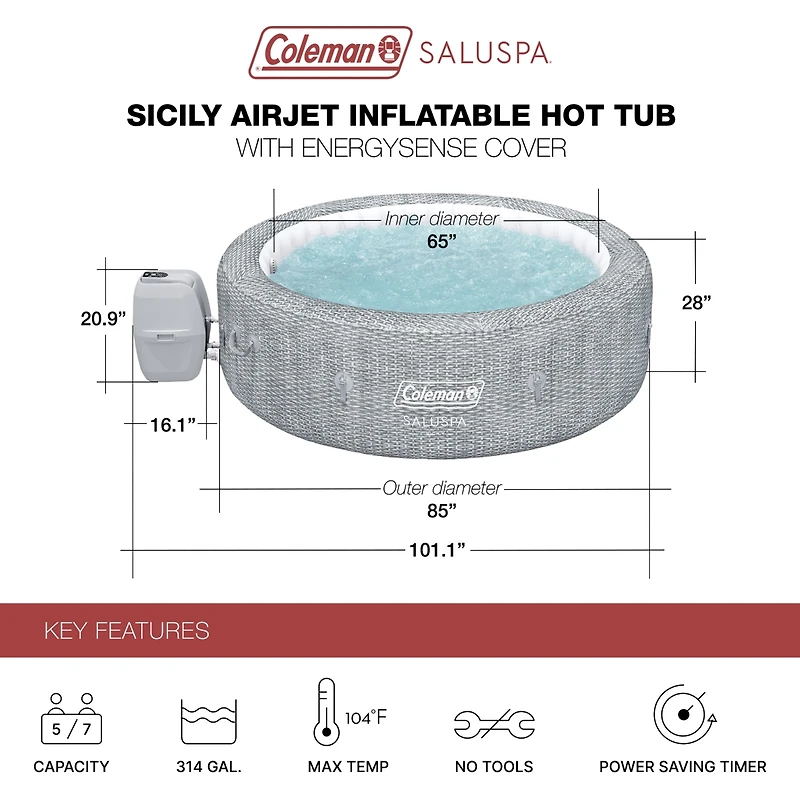 Coleman Sicily AirJet Round Inflatable Hot Tub with EnergySense Cover, Grey