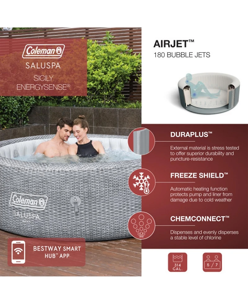 Coleman Sicily AirJet Round Inflatable Hot Tub with EnergySense Cover, Grey