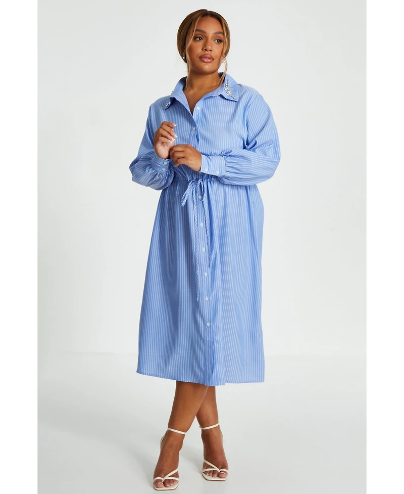 Quiz Women's Plus Stripe Tie Waist Collar Detail Midi Dress