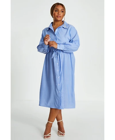 Quiz Women's Plus Stripe Tie Waist Collar Detail Midi Dress