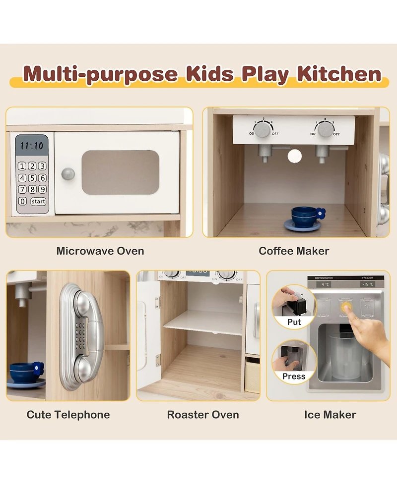 Kids Pretend Play Kitchen Wooden Toy Playset with Led Lighting & Coffee Maker