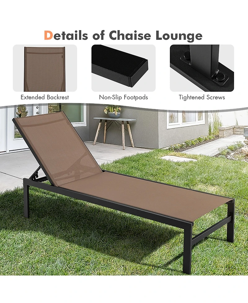 Gymax Set of 2 Aluminum Patio Chaise Lounge Outdoor Adjustable Lounge Chair W/ 6-Position Backrest