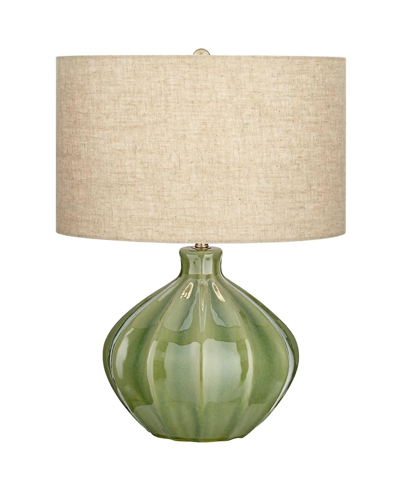 360 Lighting Modern Table Lamp with Usb Charging Port 20.5" High Green Ribbed Ceramic Oatmeal Fabric Drum Shade for Bedroom Desk (Color May Vary)
