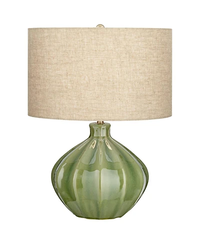 360 Lighting Modern Table Lamp with Usb Charging Port 20.5" High Green Ribbed Ceramic Oatmeal Fabric Drum Shade for Bedroom Desk (Color May Vary)