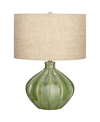 360 Lighting Modern Table Lamp with Usb Charging Port 20.5" High Green Ribbed Ceramic Oatmeal Fabric Drum Shade for Bedroom Desk (Color May Vary)