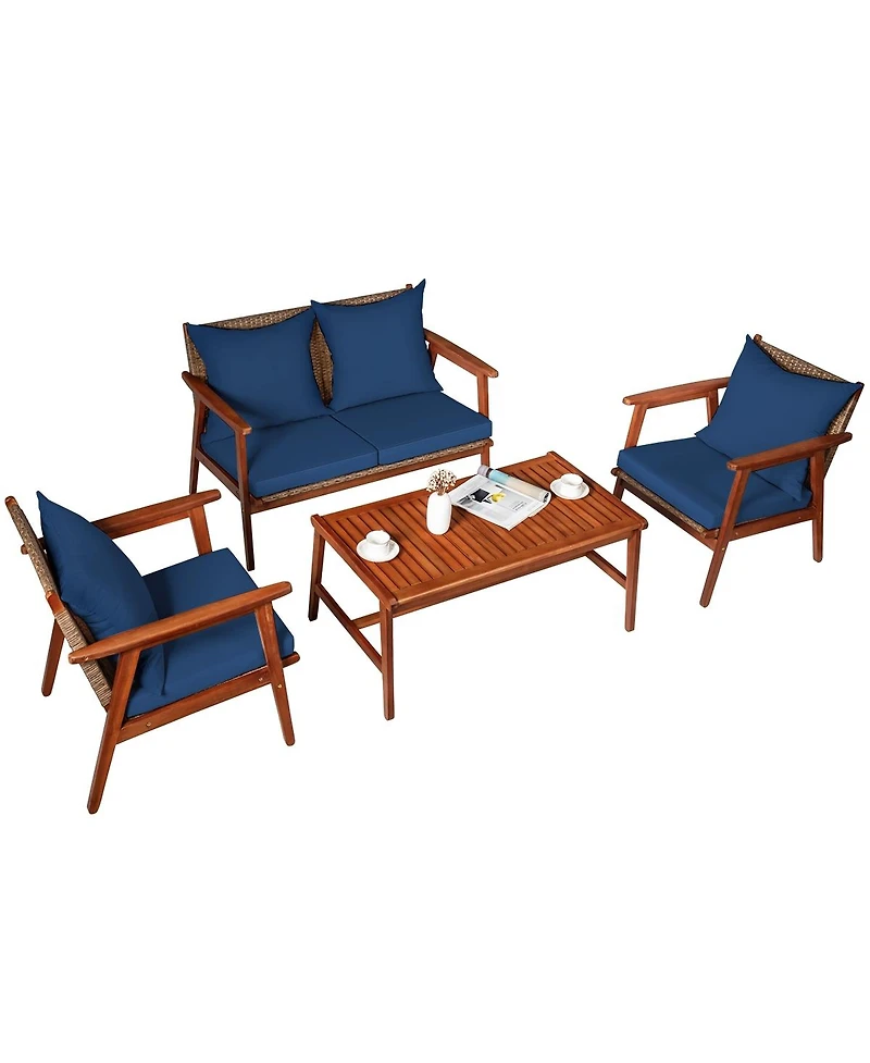 Slickblue 4 Piece Acacia Wood Patio Rattan Furniture Set